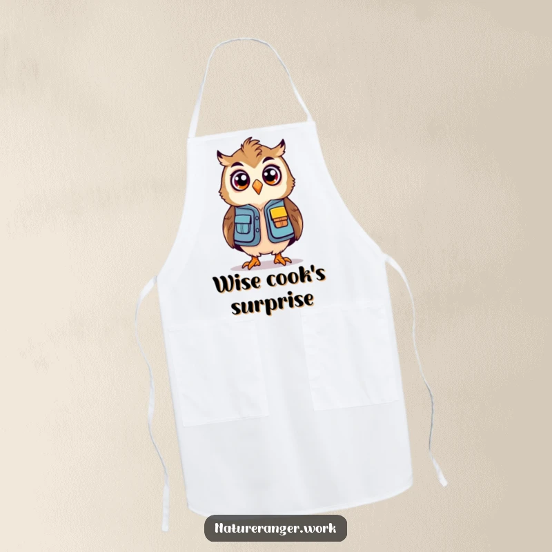 Funny owl ranger apron showing a stylized, bouncing owl in a mini ranger vest looking surprised.