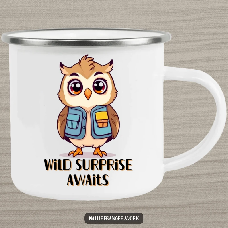 Funny owl ranger camping mug of a stylized, bouncing owl in a mini ranger vest looking surprised.
