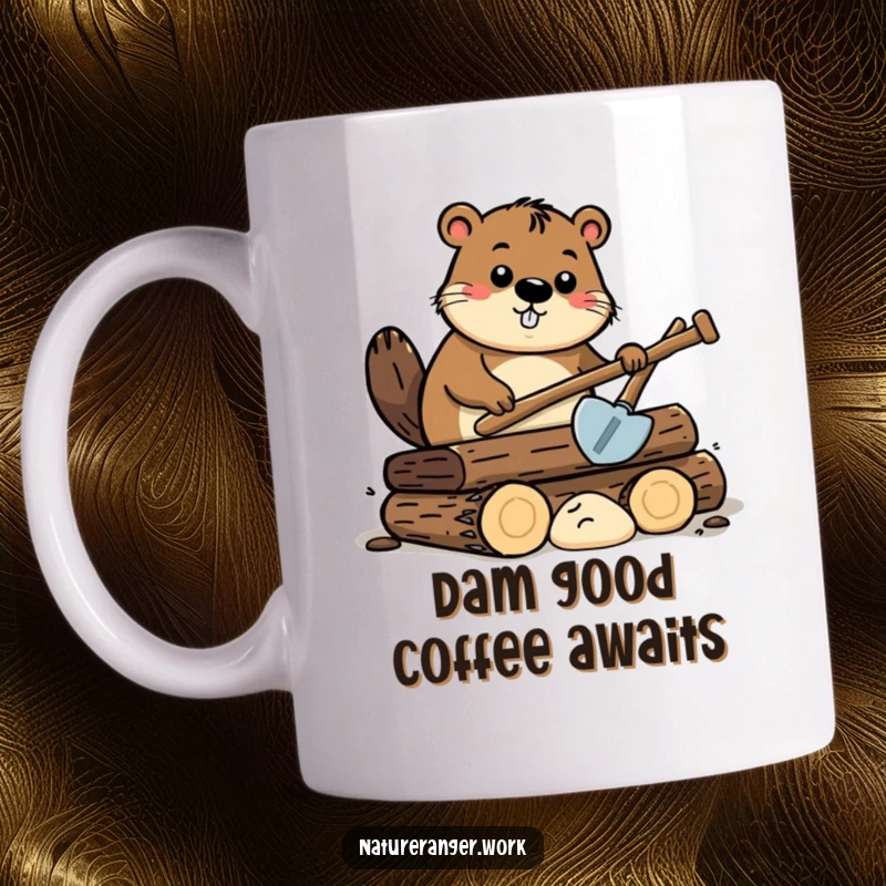 Funny Beaver construction mug featuring a curious cartoon beaver with a shovel, digging enthusiastically at a pile of stylized logs.