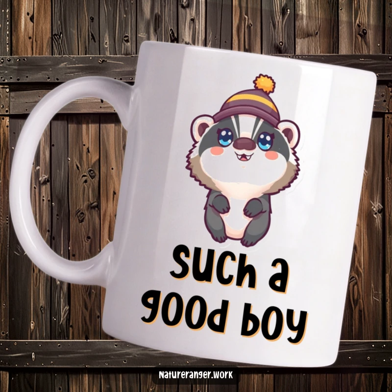 Funny mug showing a small, round badger wearing a tiny hat, looking up with wide, innocent, and happy eyes, radiating pure delight.