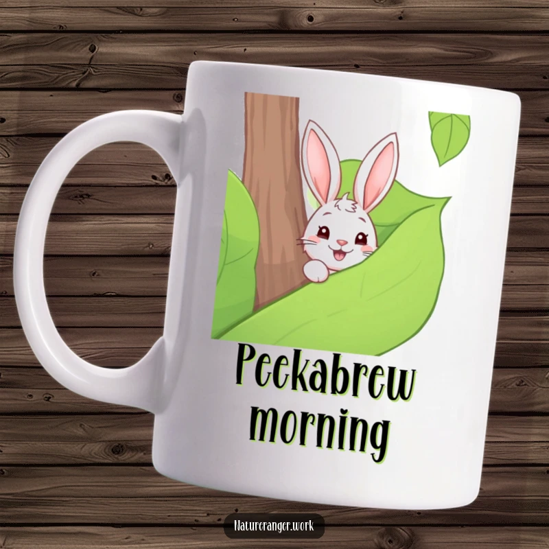 Funny mug featuring a playful cartoon rabbit cautiously peeking out from behind a large, vibrant forest leaf.