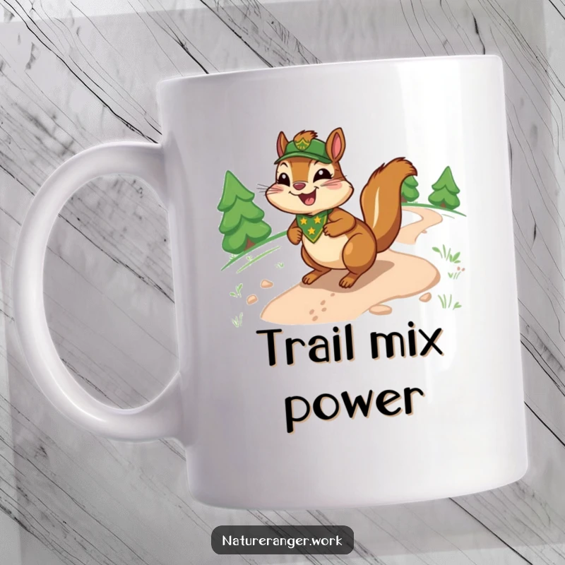 Funny chipmunk ranger mug featuring a joyful cartoon chipmunk with a ranger badge, happily sliding down a sinuous trail.