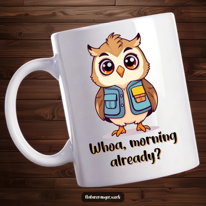 Funny owl ranger mug of a stylized bird in a mini vest, looking comically surprised with a bouncing energy.