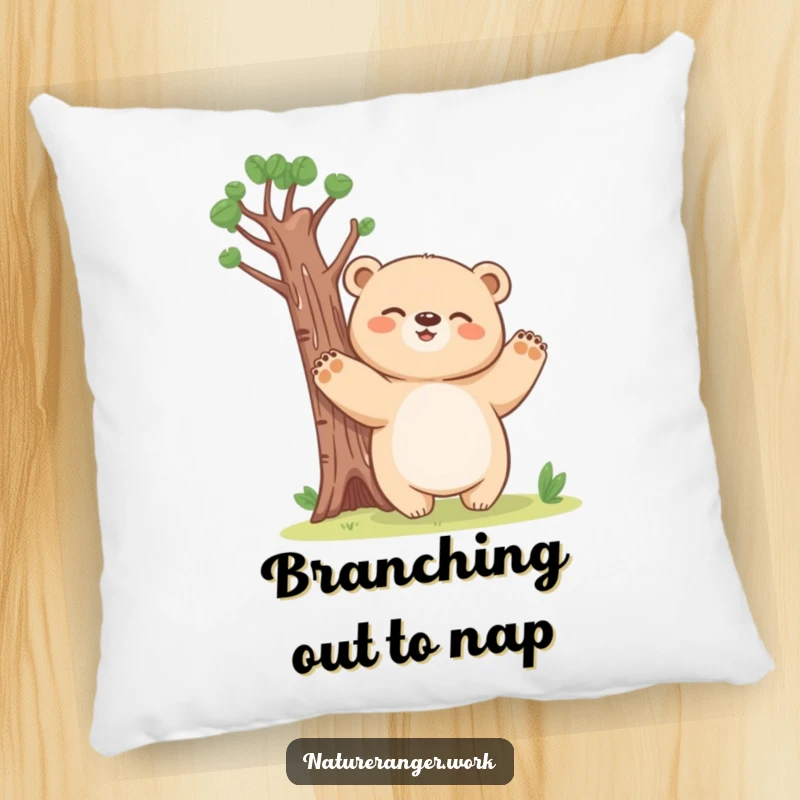 Funny bear cub pillow featuring a giggling, blobby creature with outstretched paws, impersonating a tall tree.