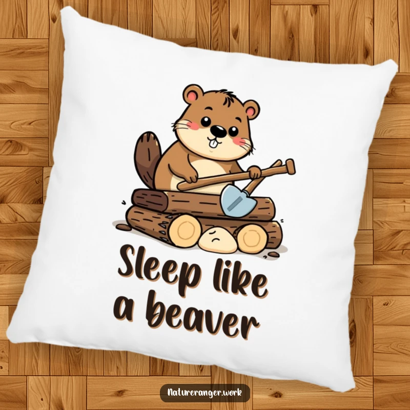 Funny beaver pillow showcasing a curious cartoon beaver with a small shovel, working on a pile of stylized logs.
