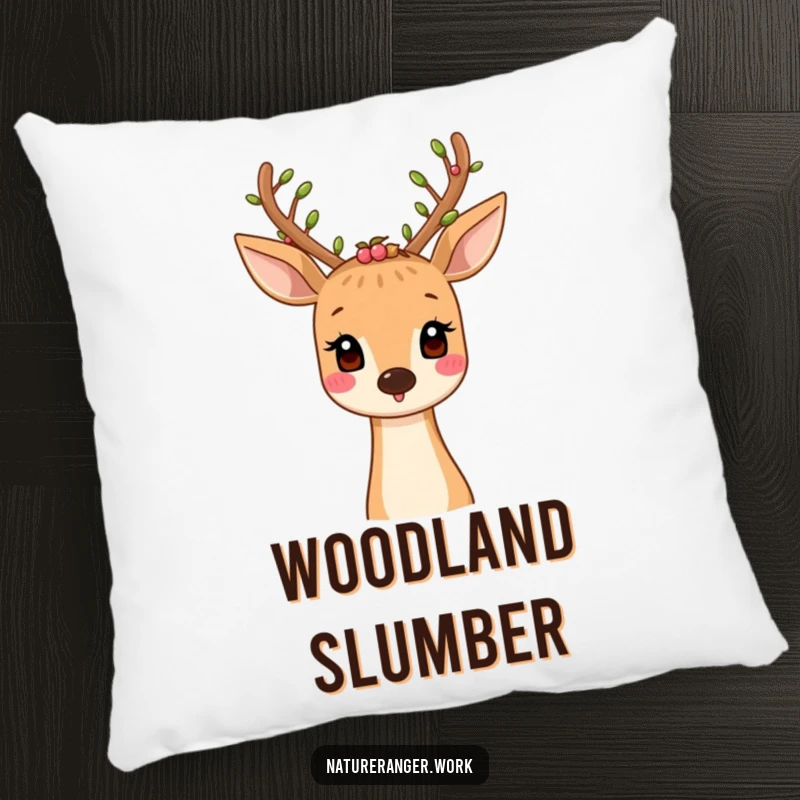 Funny pillow depicting a smiling cartoon deer with foliage and berry-adorned antlers, perfect for serene decor.