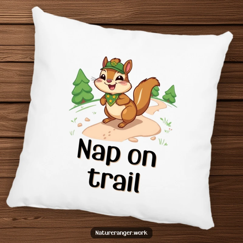 Funny chipmunk pillow showcasing a joyful cartoon ranger chipmunk with a badge, sliding down a sinuous trail.