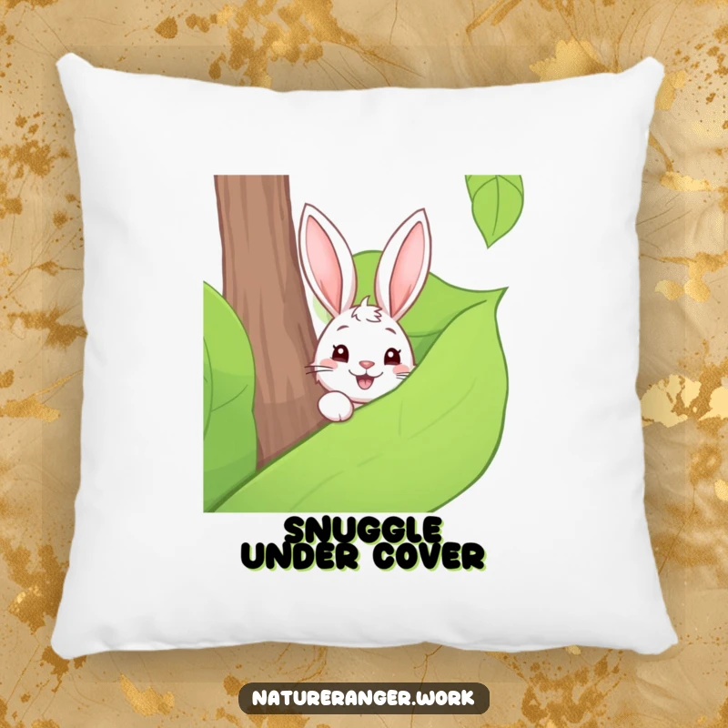 Funny pillow depicting a playful cartoon rabbit peeking from behind a large forest leaf, perfect for a cozy nook.