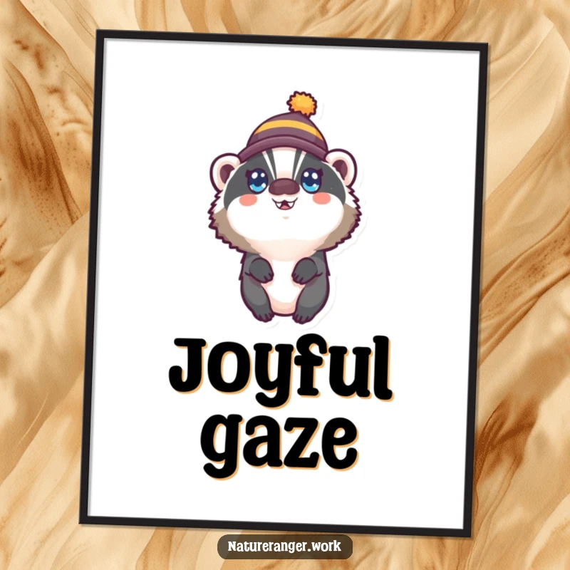 Funny digital art print of a small, round badger in a tiny hat, looking up with wide, happy eyes, creating a joyous scene.