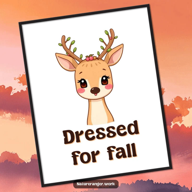 Funny digital art print of a smiling cartoon deer with leaf and berry-adorned antlers, evoking woodland serenity.