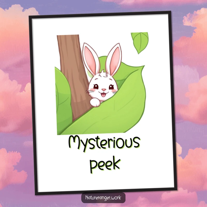 Funny digital art print of a playful cartoon rabbit peeking from behind a large forest leaf, evoking woodland charm.