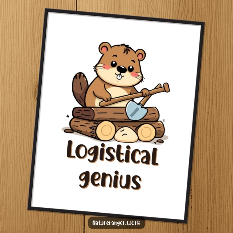 Funny beaver digital art print showing a curious cartoon beaver with a small shovel, digging into a pile of stylized logs.