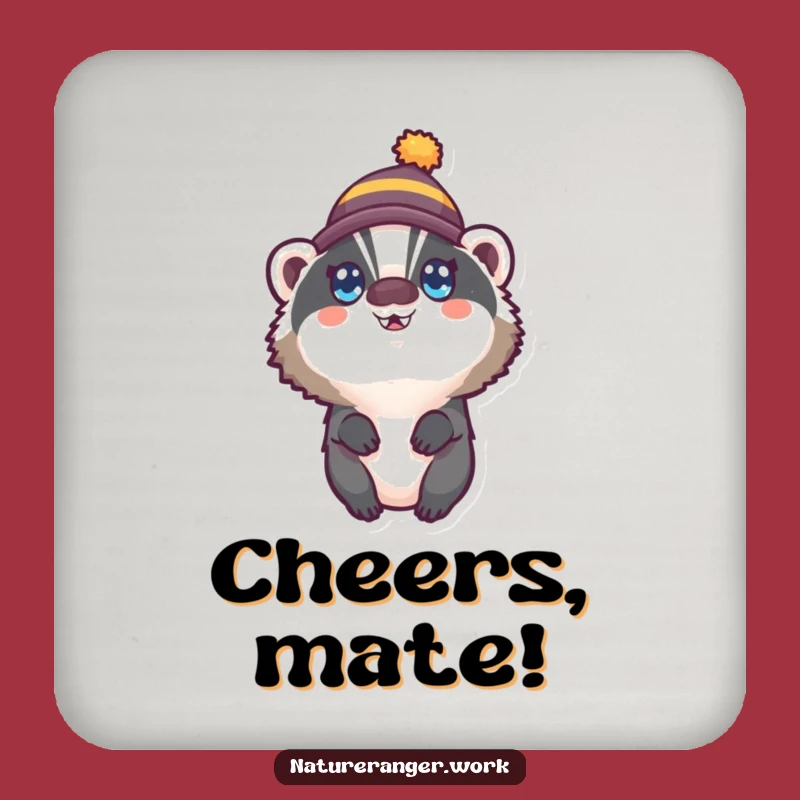 Funny Badger Hat Coaster: Wide-Eyed Happy Creature Drink Art