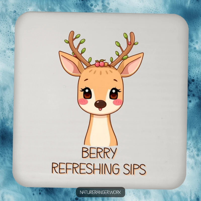 Funny drink coaster featuring a smiling cartoon deer with leaf and berry-adorned antlers, perfect for nature-themed decor.