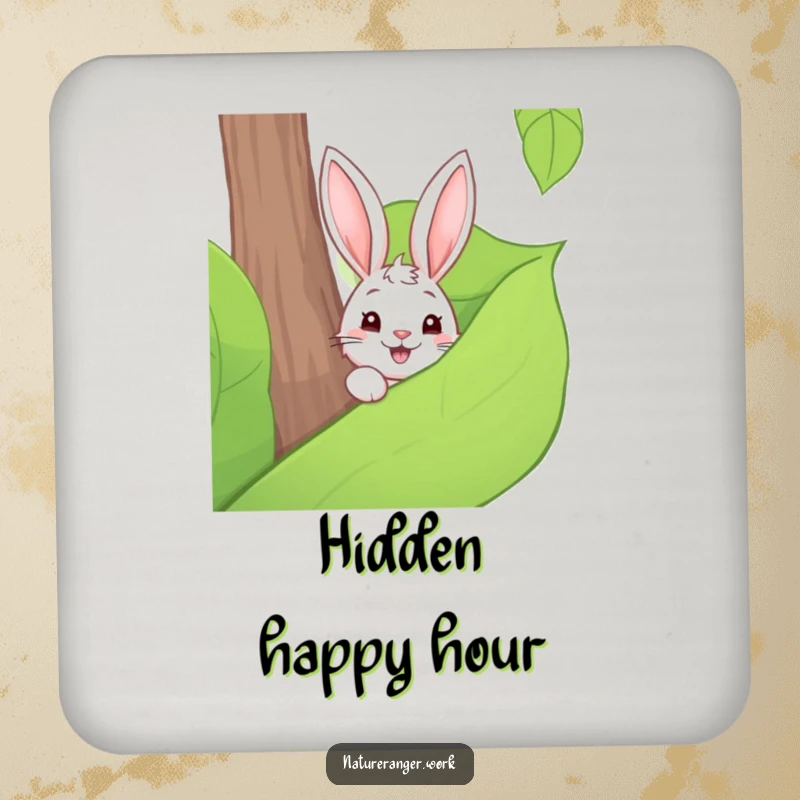 Funny drink coaster featuring a playful cartoon rabbit peeking from behind a large forest leaf, perfect for nature-themed decor.