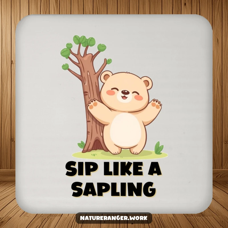 Funny bear cub coaster with a giggling, blobby creature pretending to be a tall tree, adding playful charm.