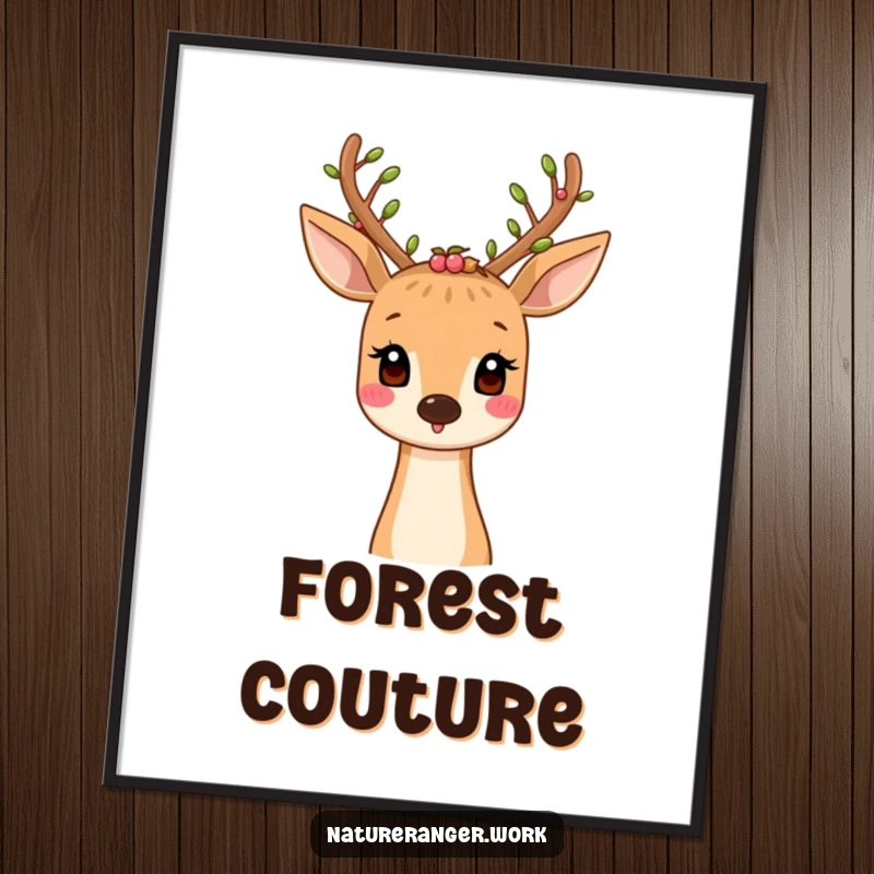 Funny poster print of a smiling cartoon deer with antlers adorned with tiny leaves and berries, evoking natural beauty.