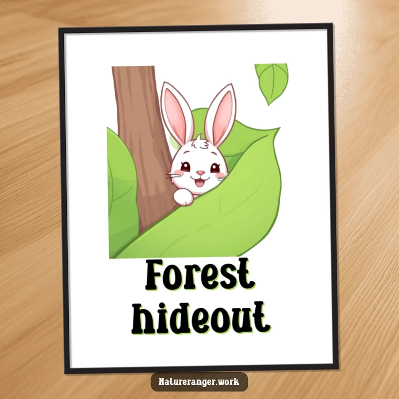 Funny poster print of a playful cartoon rabbit peeking from behind a large forest leaf, evoking curiosity and charm.