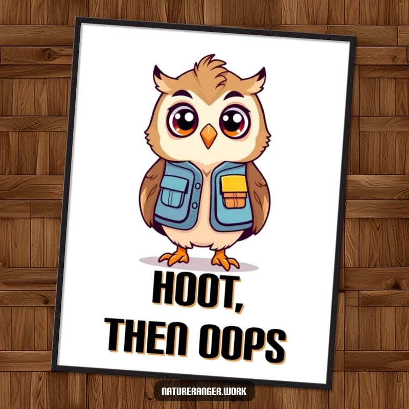 Funny owl ranger poster of a stylized, bouncing owl in a mini ranger vest looking genuinely surprised.