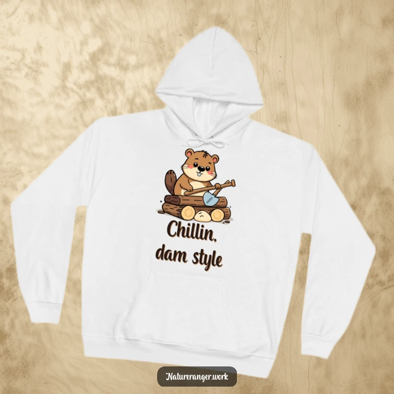 Funny beaver hoodie showcasing a curious cartoon beaver using a small shovel on a pile of stylized logs, perfect for cold weather.