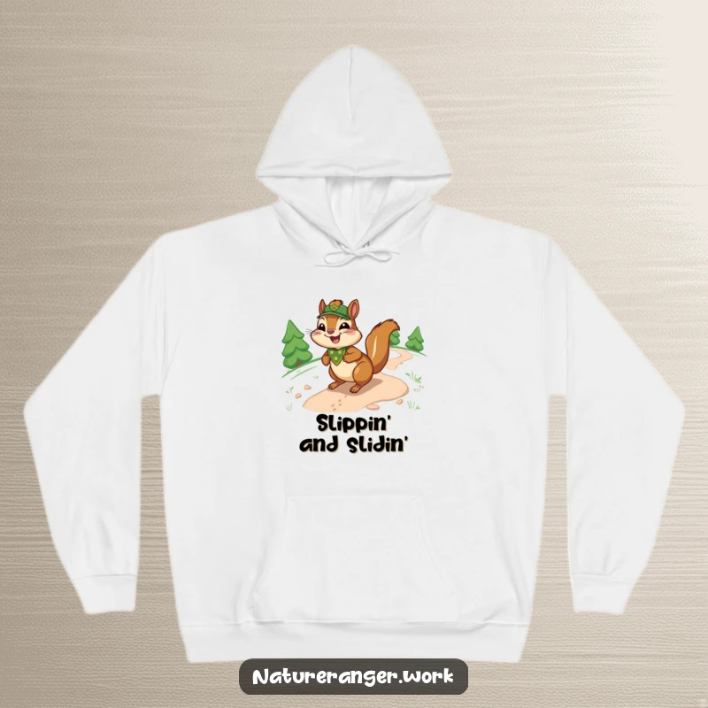 Funny chipmunk hoodie featuring a joyful cartoon ranger chipmunk with a badge, sliding down a sinuous trail.