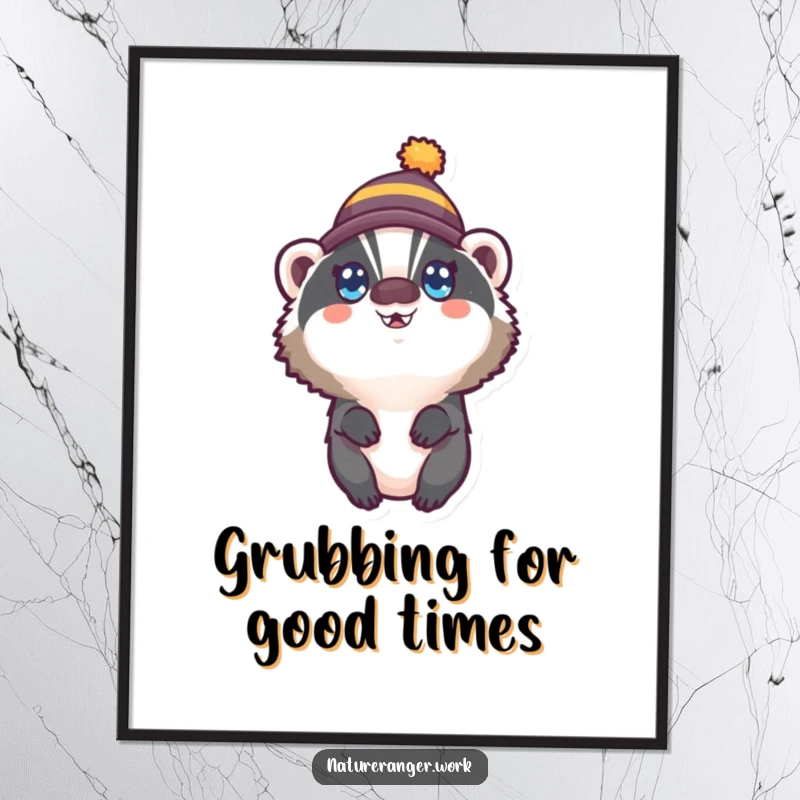 Funny Free Printable Wall Art: Small, round badger in a tiny hat looking upwards with wide, beaming, happy eyes.