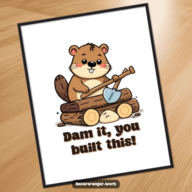 Funny Free Printable wall art: Curious cartoon beaver with a small shovel, happily working on a pile of stylized logs.