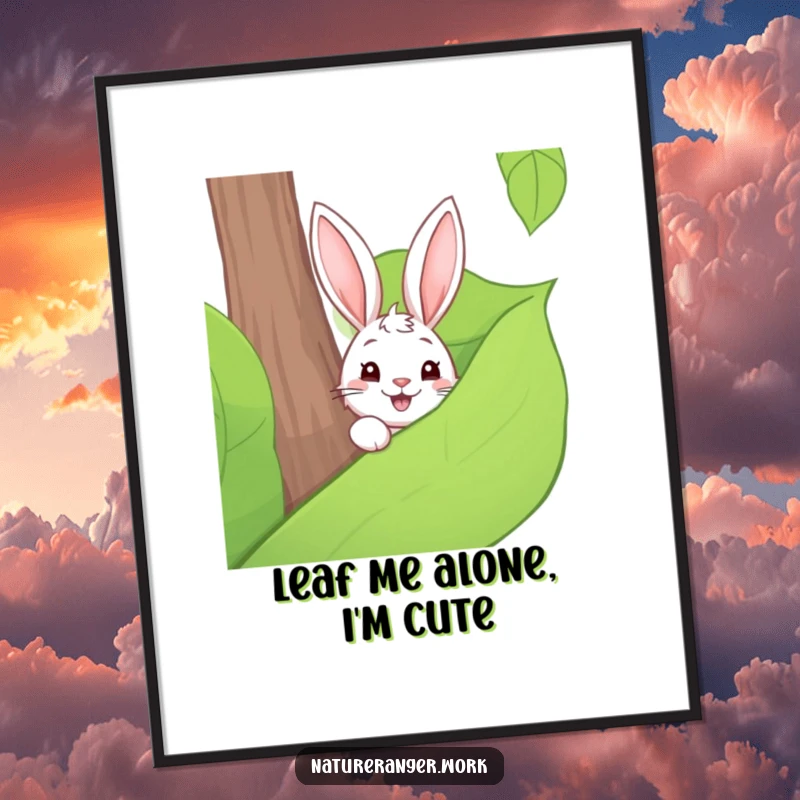 Funny Free Printable Wall Art: Playful cartoon rabbit peeking from behind a large forest leaf, shy, whimsical, downloadable.