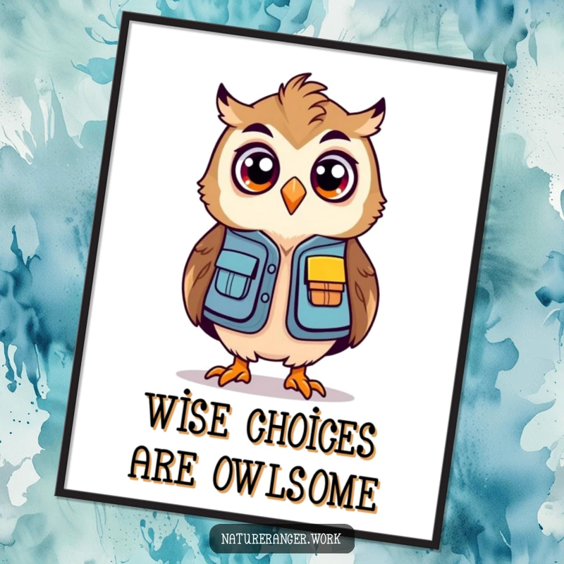Funny Free Printable Wall Art: Stylized owl in a mini ranger vest, looking comically surprised, a fun downloadable art for any adventurer.