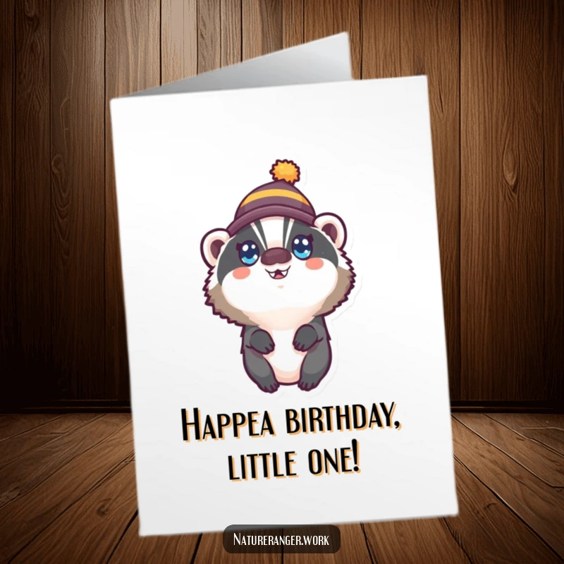 Funny Free Printable Birthday Card: Small, round badger in a tiny hat looking up with wide, pure joy.