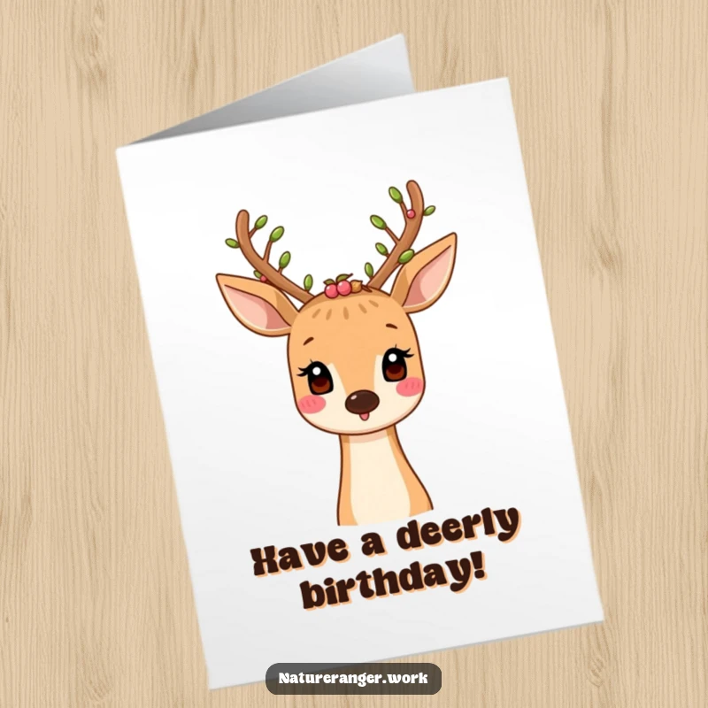 Free Printable Birthday Card: Smiling cartoon deer with antlers decorated with tiny leaves and berries, nature-themed, joyful, downloadable.