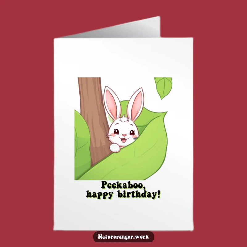 Free Printable Birthday Card: Shy Rabbit Behind Leaf, Playful Surprise Downloadable Gift!