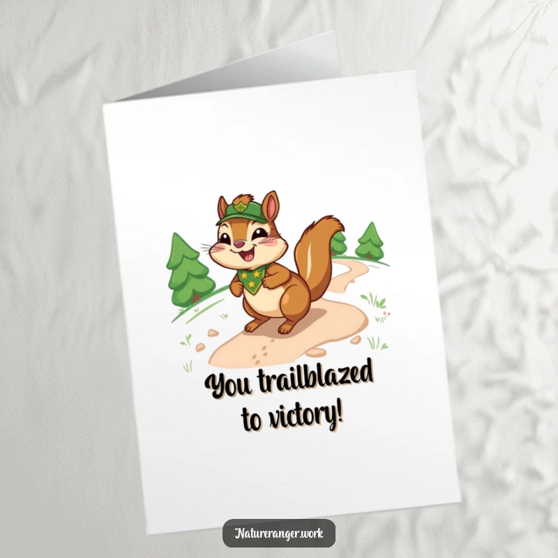 Funny Free Printable congratulations card: Joyful cartoon chipmunk with ranger badge celebrating success by sliding down a trail.