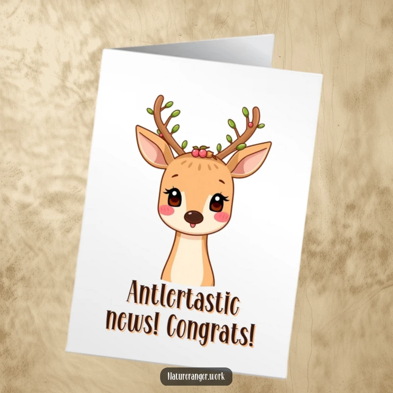 Free Printable Congratulations Card: Cheerful deer with antlers adorned with leaves and berries, nature inspired, celebratory, downloadable.