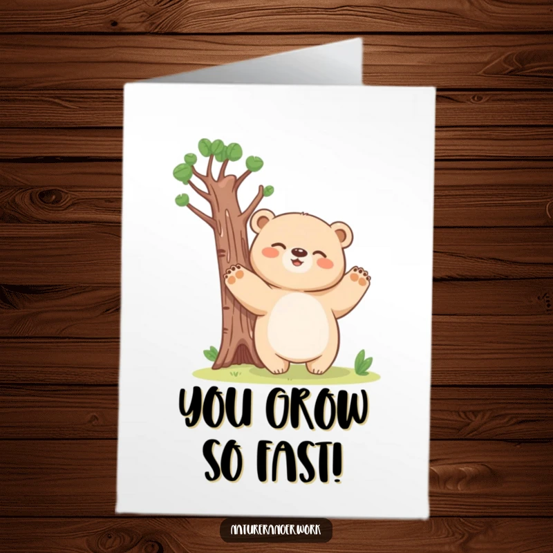 Funny Free Printable Congratulations Card: Giggling bear cub posing as a tall tree, celebrating accomplishments with pure joy and humor.