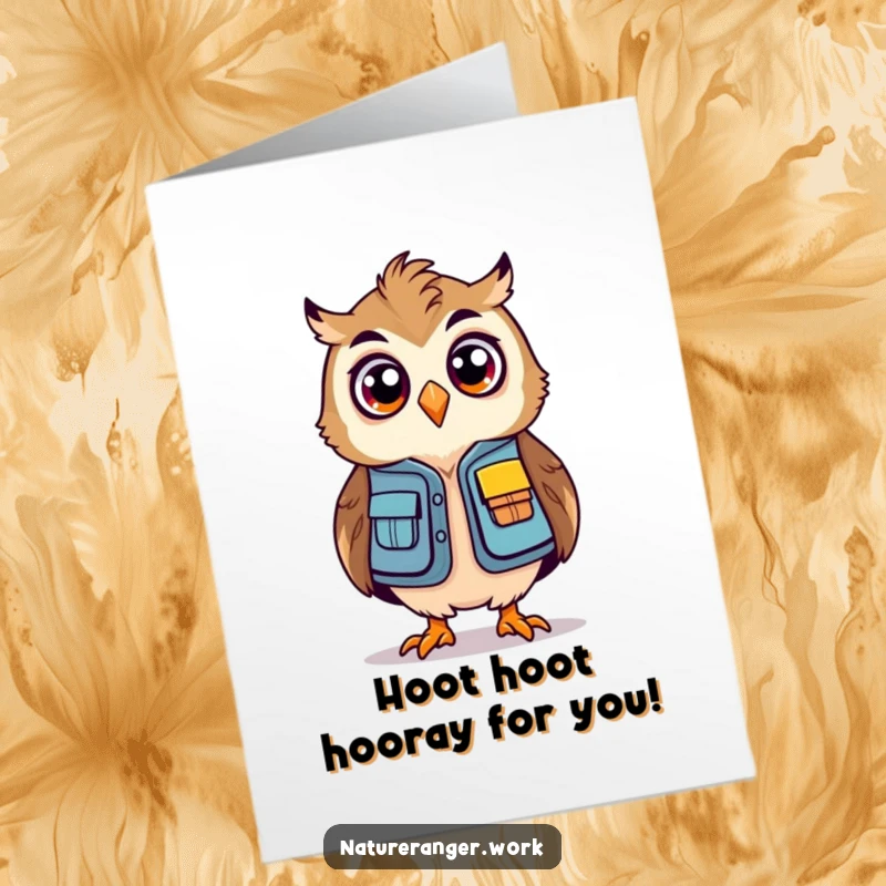 Funny Free Printable Congratulations Card: Surprised owl wearing a ranger vest, celebrating achievements with a humorous and unexpected reaction.