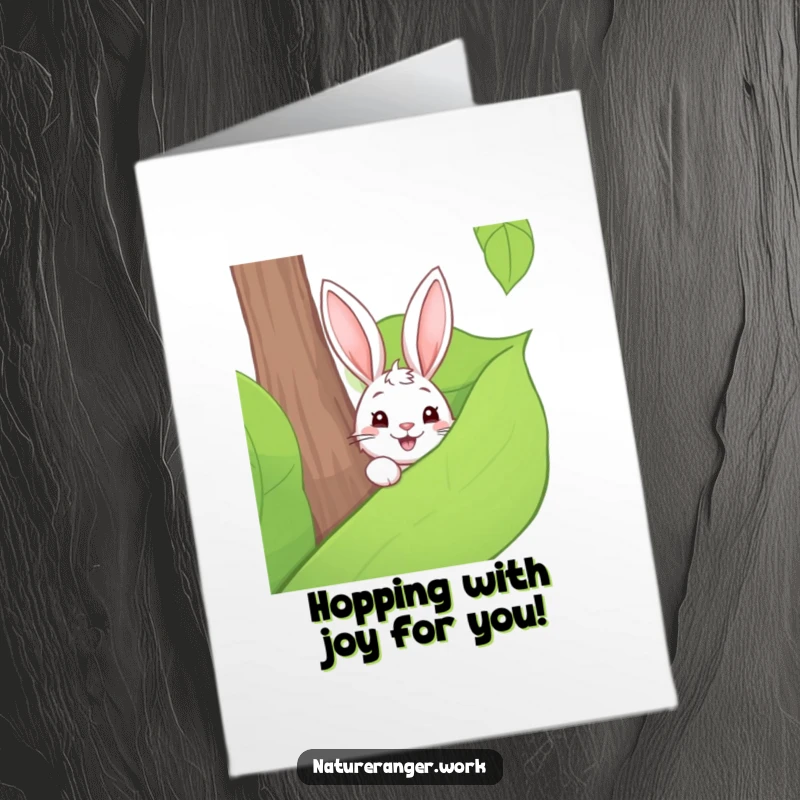 Free Printable Congratulations Card: Cartoon rabbit hiding behind a big forest leaf, curious, delightful, downloadable.