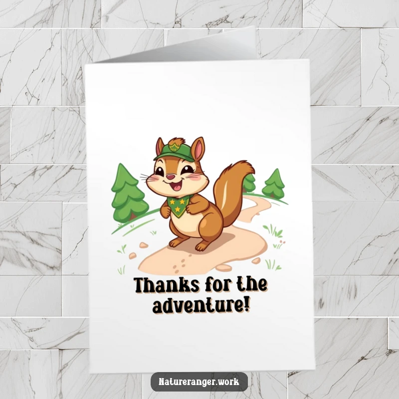 Funny Free Printable thank you card: Joyful cartoon chipmunk with ranger badge sliding down a trail, expressing thanks.