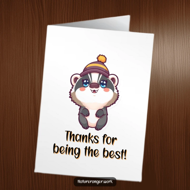 Funny Free Printable Thank You Card: Small, round badger wearing a tiny hat, looking up with heartwarming happy eyes.