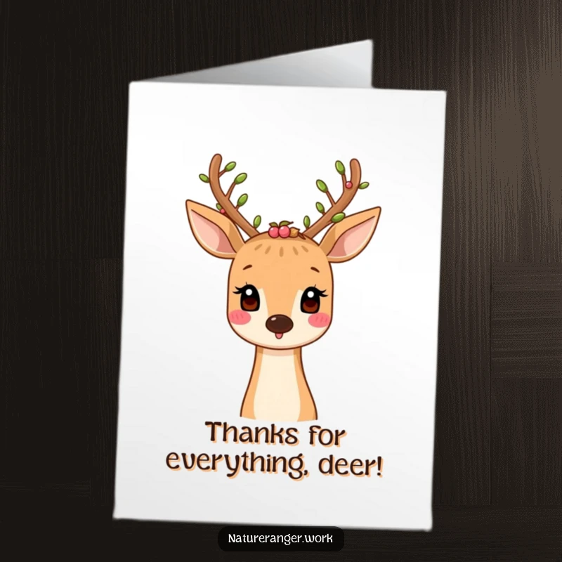 Free Printable Thank You Card: Smiling deer with antlers decorated with leaves and berries, gentle, nature themed, downloadable.