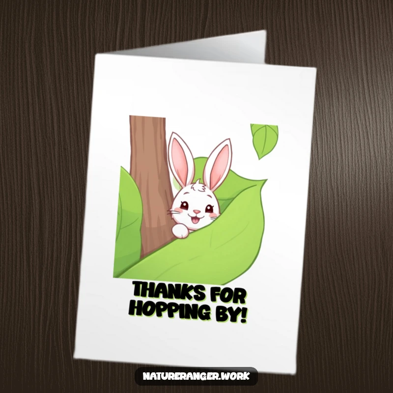 Free Printable Thank You Card: Playful rabbit hiding behind a large leaf, shy expression, cute, downloadable.