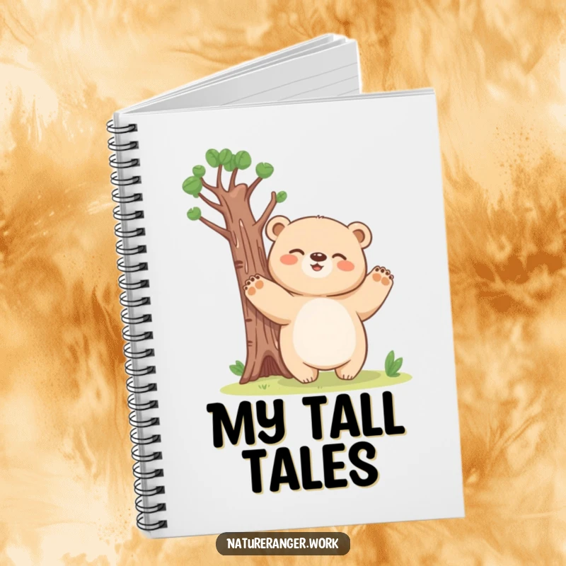 Funny bear cub notebook with a giggling, blobby creature pretending to be a tall tree, perfect for note-taking.