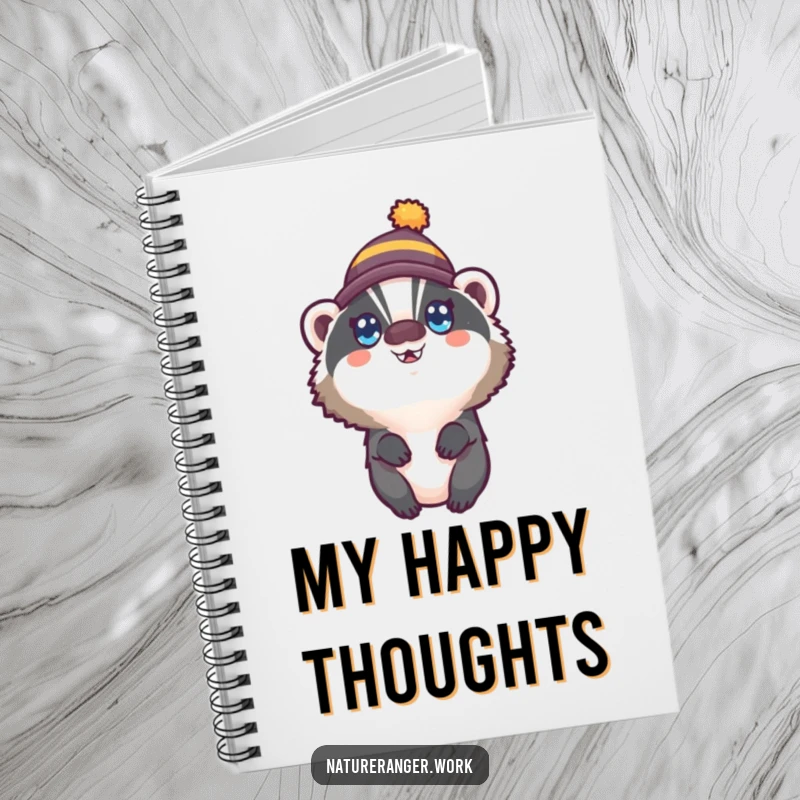 Funny notebook cover with a small, round badger in a tiny hat, looking up with wide, happy eyes, perfect for happy journaling.