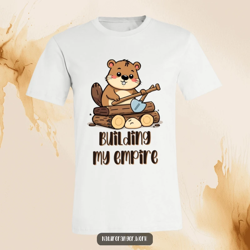 Funny beaver t-shirt showing a curious cartoon beaver actively digging with a small shovel on a pile of logs.