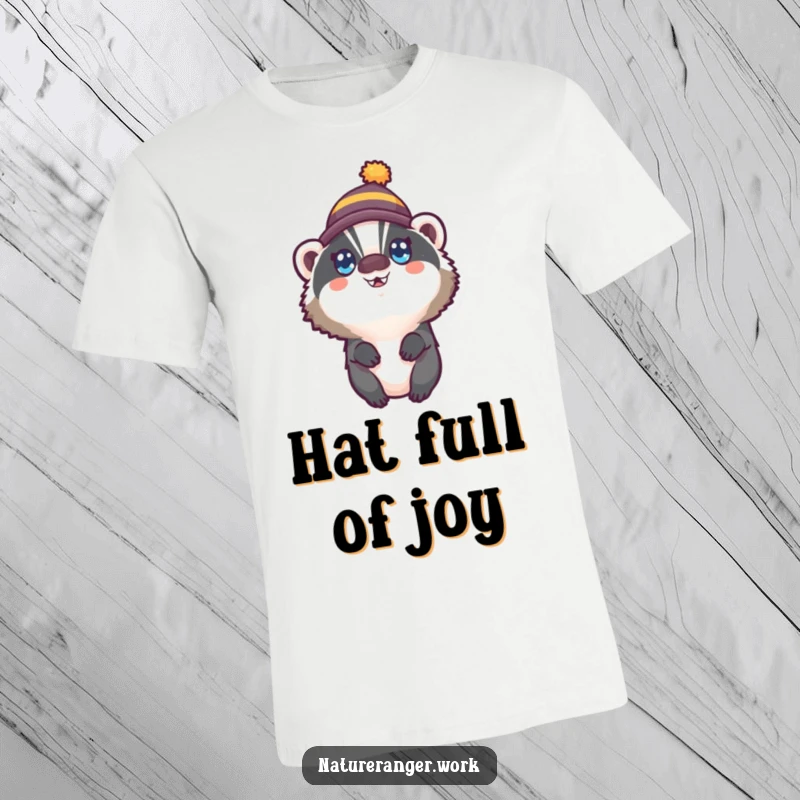 Funny t-shirt depicting a small, round badger in a tiny hat with wide, joyful eyes, looking up with infectious happiness.