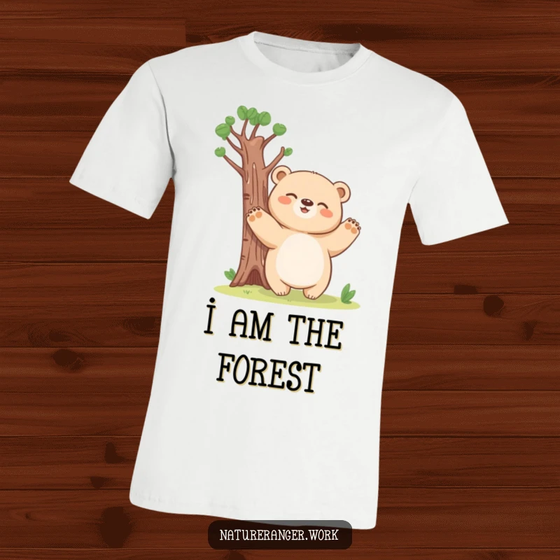Funny bear cub t-shirt depicting a giggling, blobby bear stretching its paws upwards like a tall tree.