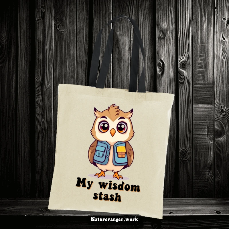 Funny owl ranger tote bag with a stylized, bouncing owl in a mini ranger vest looking surprised and ready.