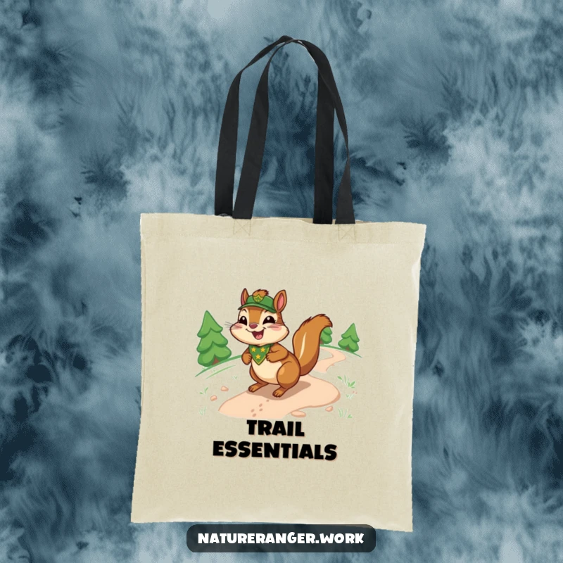 Funny chipmunk tote bag featuring a joyful cartoon ranger chipmunk with a badge, sliding down a sinuous trail.